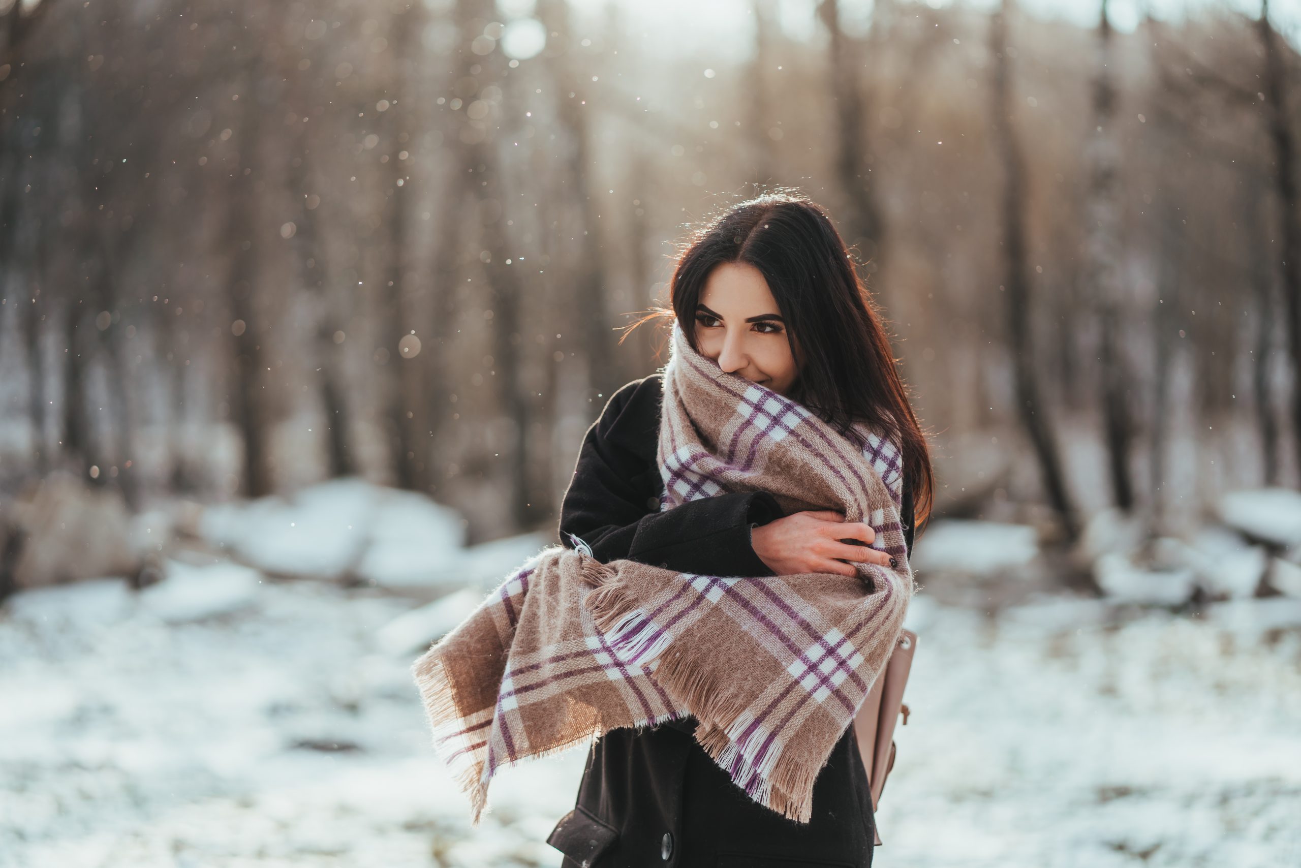 young beautiful model posing in winter forest stylish fashion portrait scaled