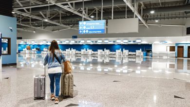 woman walks along the airport with suitcases