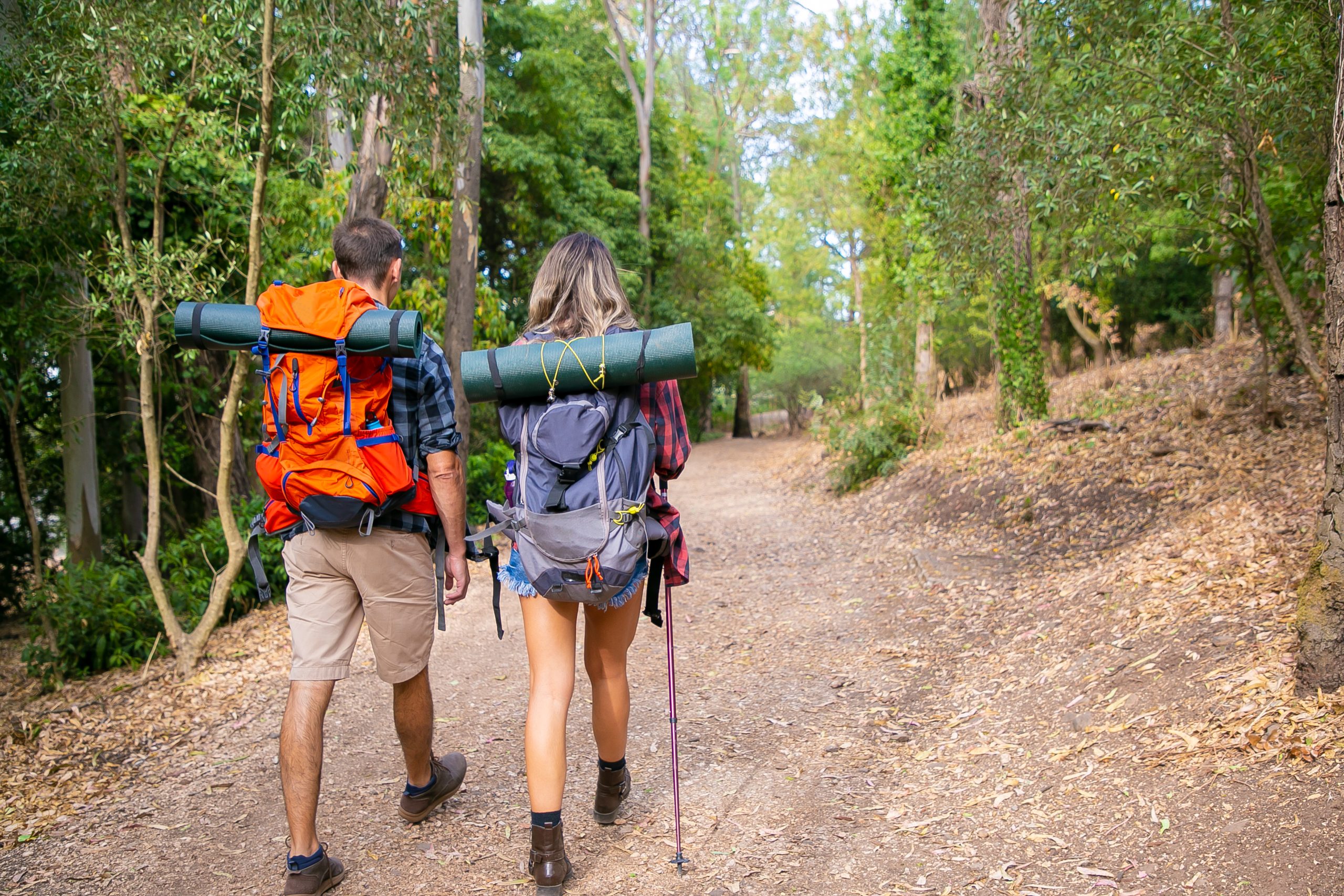 back view of couple going along road in forest long haired woman and man carrying backpacks and hiking on nature together green trees on background tourism adventure and summer vacation concept scaled