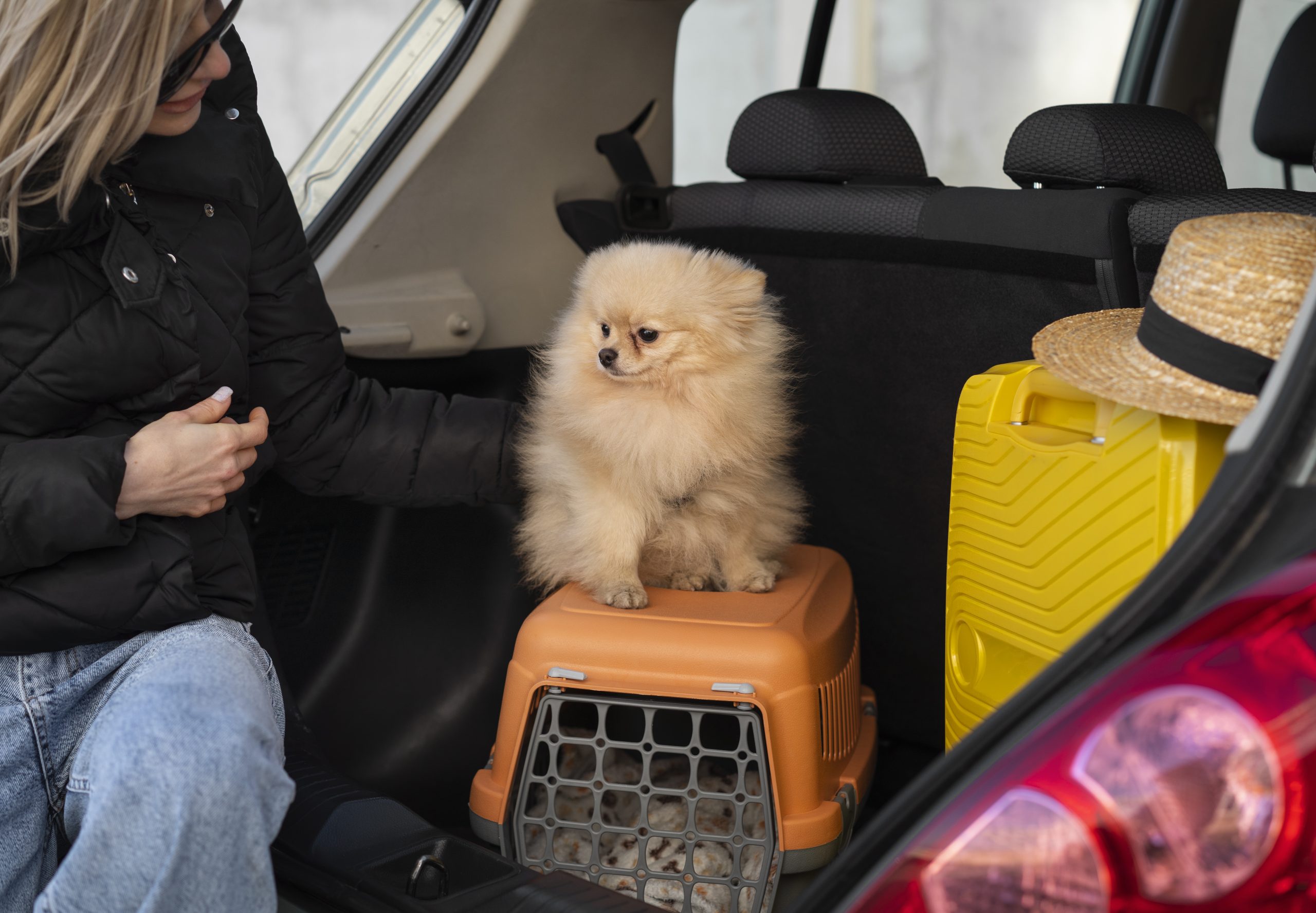 vista frontal mulher no carro com cachorro scaled