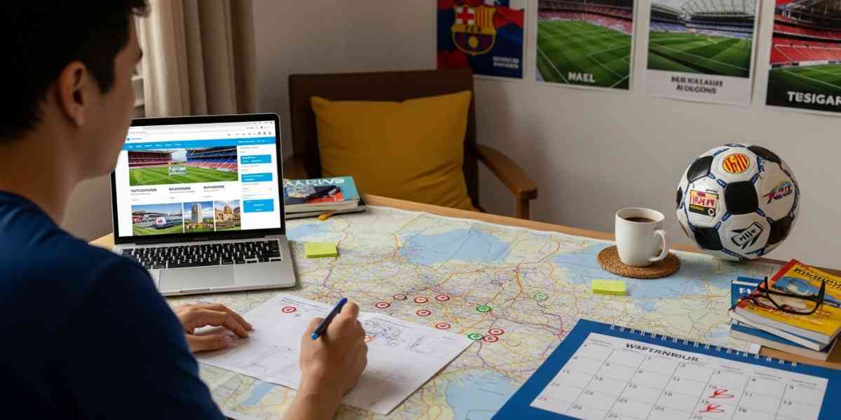 Destinos Turísticos para Quem Ama Futebol 4 Destinos turísticos para quem ama futebol: viajante planeja roteiro em mapa com laptop, guias e bola temática do esporte