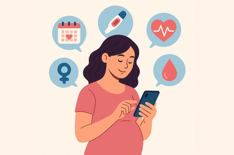 Mulher usando aplicativos de teste de gravidez no celular, com ícones de saúde ao redor, simbolizando tecnologia e autoconhecimento feminino.