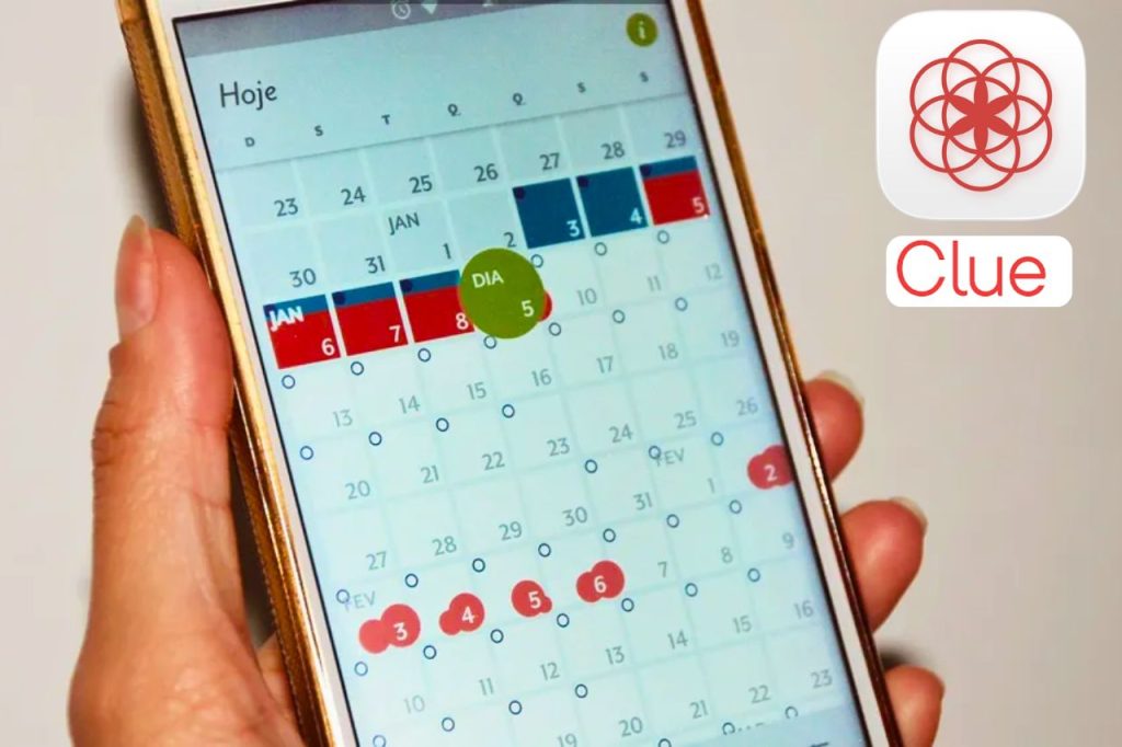 Aplicativo Clue exibido em um smartphone, mostrando um calendário de ciclo menstrual utilizado para acompanhar sintomas da gravidez e períodos férteis de forma precisa e intuitiva.