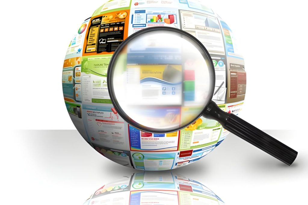 Como Consultar Informações do Veículo de Forma Simples e Segura 4 Lupa ampliando detalhes sobre uma esfera repleta de sites, simbolizando a busca e consulta de informações do veículo de forma completa e precisa.