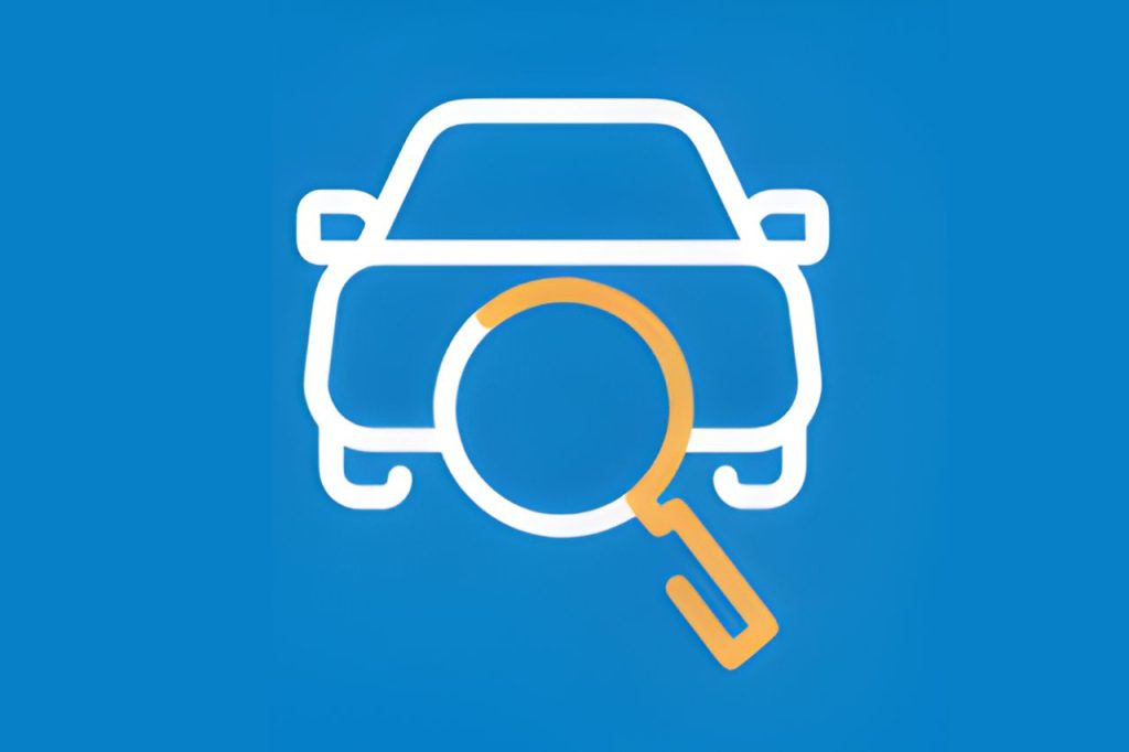 Ícone ilustrativo de um carro com uma lupa sobreposta, simbolizando a consulta de placas de veículos e acesso rápido às principais informações automotivas.