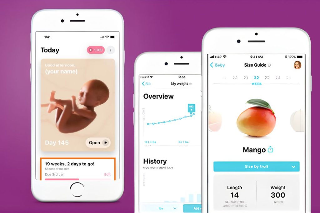 Aplicativo Pregnancy+: O Companheiro Definitivo das Futuras Mamães 3 Telas do Aplicativo Pregnancy exibindo acompanhamento do desenvolvimento do bebê, histórico da gestação e informações semanais sobre o crescimento.