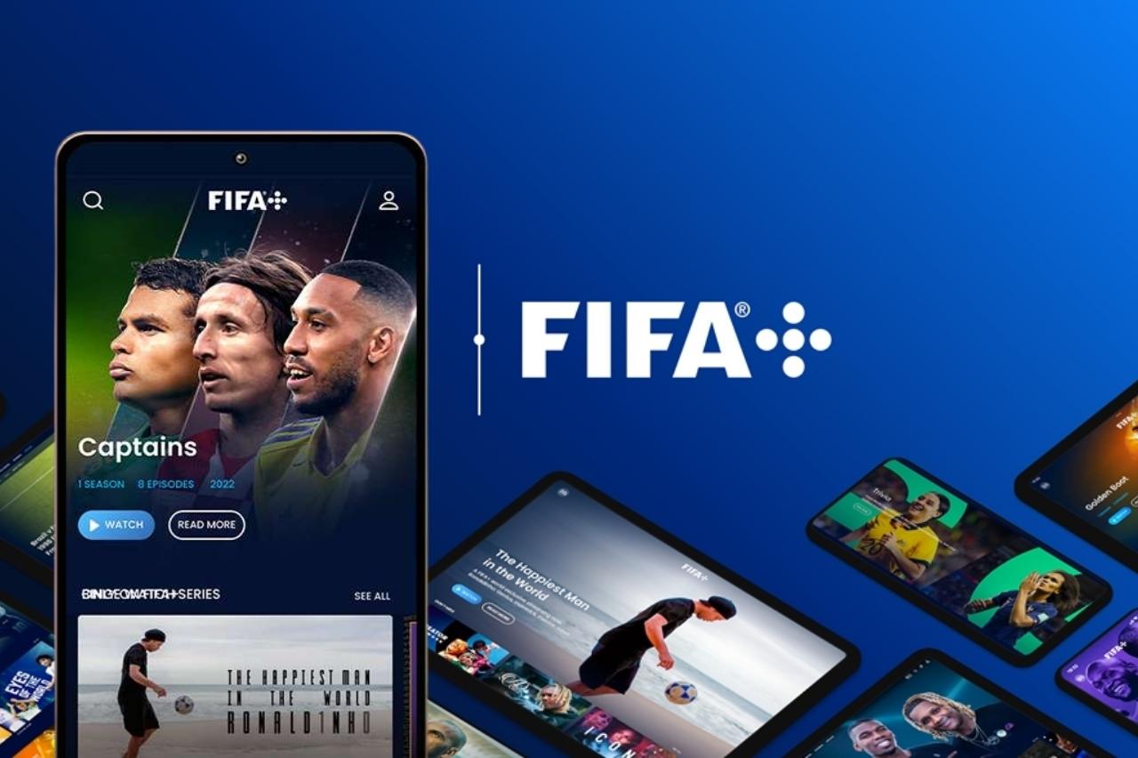 Os melhores aplicativos gratuitos para assistir futebol internacional no celular em 2026 2 Aplicativo FIFA+ exibido em diferentes dispositivos, representando uma plataforma oficial para assistir futebol com conteúdos exclusivos, partidas e programas esportivos pelo celular.