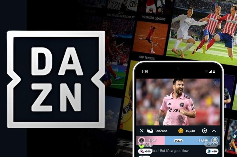 Aplicativo DAZN exibido em smartphone com interface de transmissões esportivas, representando o DAZN Grátis como opção para assistir futebol ao vivo e conteúdos esportivos gratuitamente.