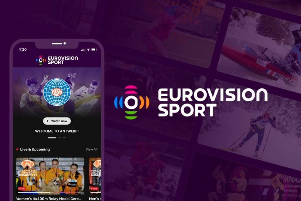 Aplicativo Eurovision Sport exibido em smartphone, oferecendo uma plataforma gratuita para assistir futebol e outros esportes com transmissões internacionais pelo celular.