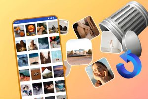 Recuperar Fotos Perdidas: Guia Completo – Recupere Suas Memórias 9 Ilustração mostrando como recuperar fotos perdidas no celular, com imagens sendo restauradas da lixeira para a galeria do smartphone de forma visual e intuitiva.