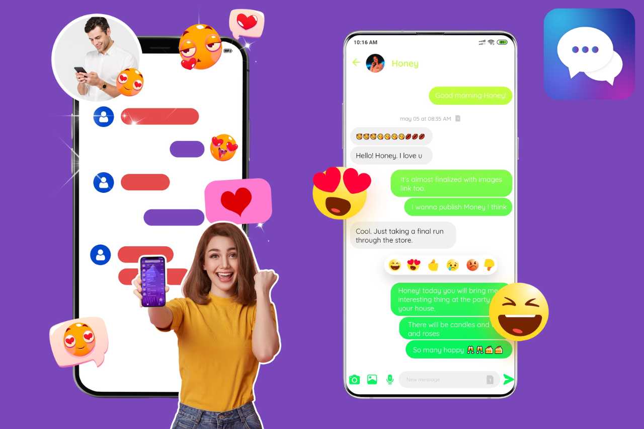 Aplicativo de mensagens coloridas: transforme conversas comuns em experiências únicas 5 Ilustração de conversas em smartphones com balões coloridos, emojis e interface personalizada, representando um aplicativo de mensagens coloridas com opções de customização visual