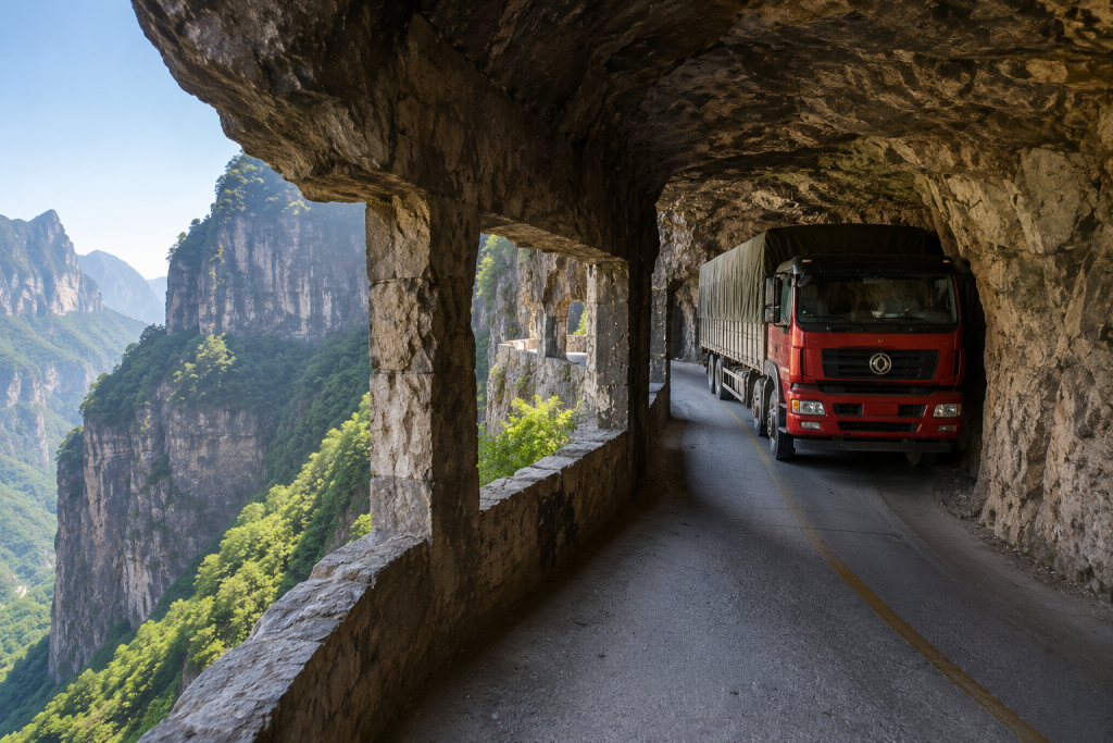 A Guoliang Tunnel Road mostra por que algumas estradas perigosas para caminhoneiros exigem atenção redobrada em trechos estreitos, montanhosos e com espaço limitado para veículos pesados.